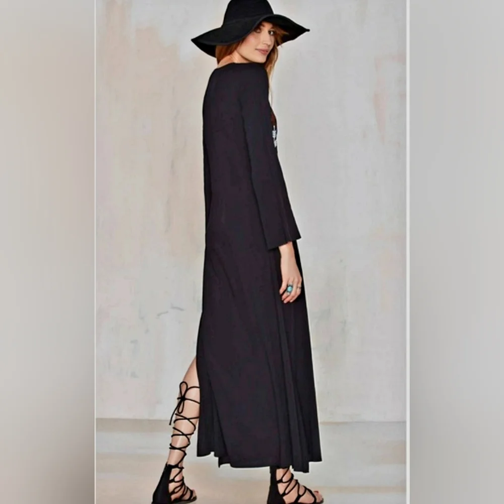 Embroidered Black Maxi Dress w/ Side Slits Size S Native American Boho Nasty Gal - Picture 11 of 12